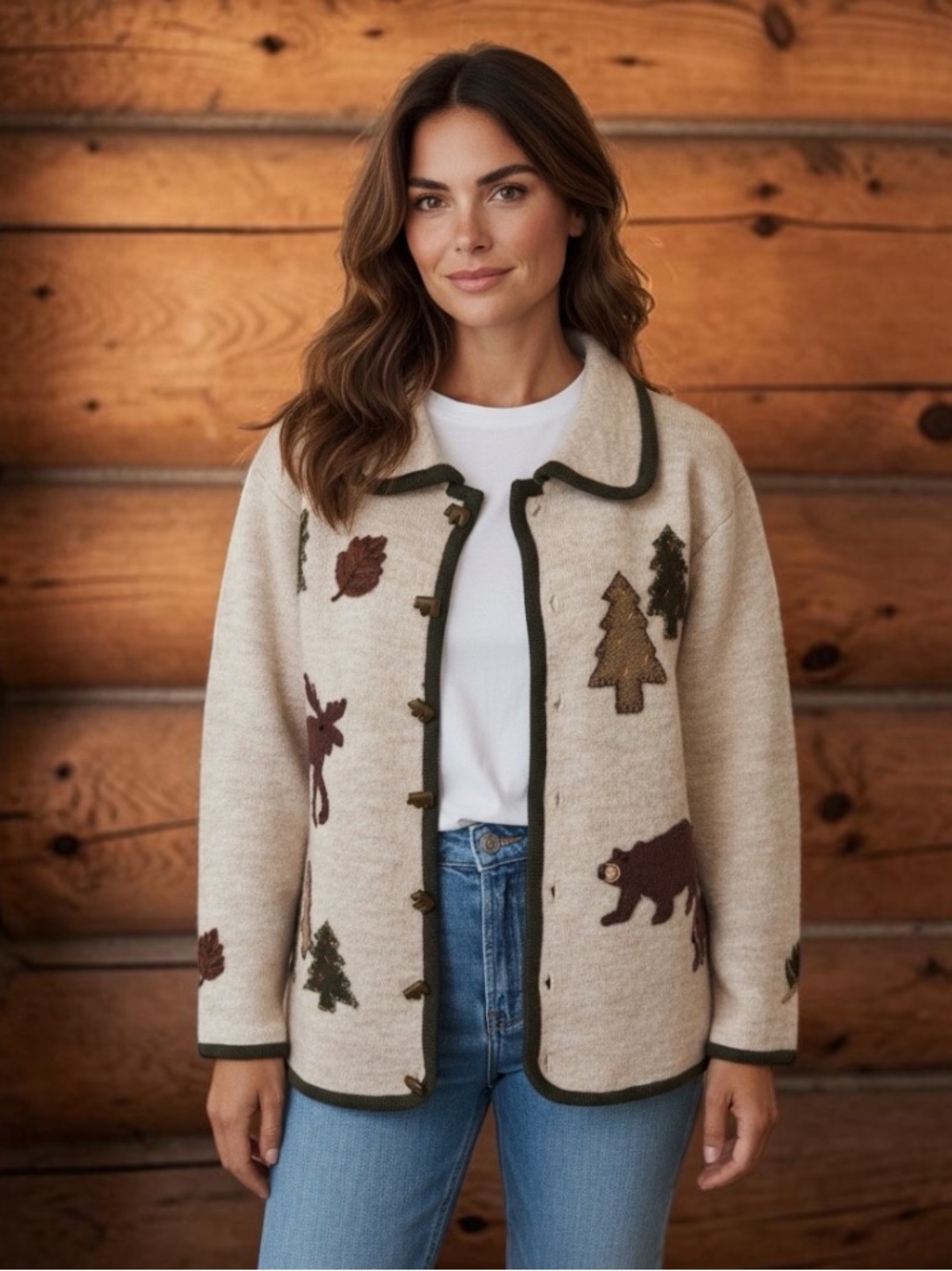 Marisa Christina 100% Wool Cardigan Sweater Size Medium Rustic Bear Tree Teacher